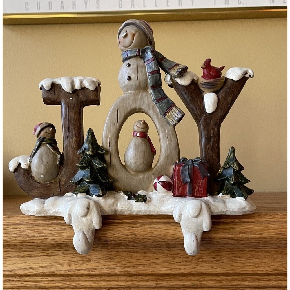 JOY Stocking Holder Snowman Bird Resin